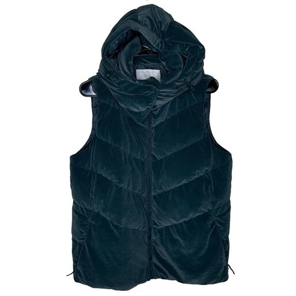 Athleta Green Lofty Velvet Hooded Puffer Vest Size L - Picture 1 of 5